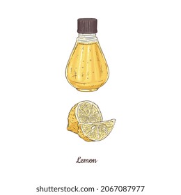 Card with lemon and bottle of aromatic essential citrus oil. Aromatics and perfumery oil, hand drawn vector illustration isolated on white background.