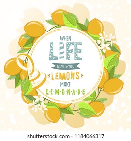Card of lemons on light background. Citrus elements for invitations, menu, juice, food, cosmetics or health products. Healthy food products for summer cafe and bar advertising.