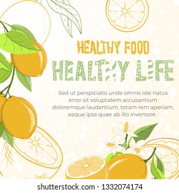 Card of lemons on light background. Citrus elements for invitations, menu, juice, food, cosmetics or health products. Healthy food products for summer cafe and bar advertising.