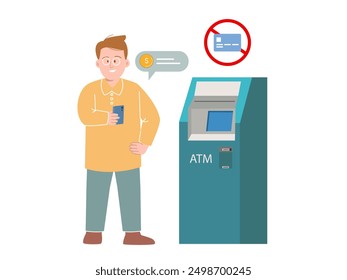 Card less transaction withdraw money from ATM automatic teller machine man standing using smart phone without card