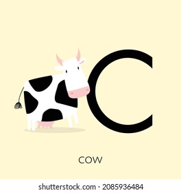 Carta "C" con vaca. Aprendiendo el alfabeto inglés.
