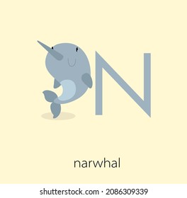 Card letter "N" with narwhal. Learning the English alphabet.