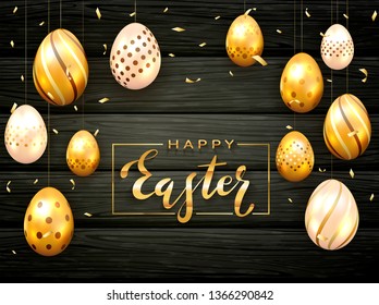 Card with lettering Happy Easter and golden Easter eggs on black wooden background with confetti and luxury elements, illustration.