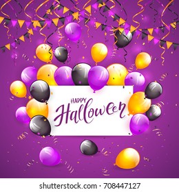 Card with lettering Happy Halloween on violet background with multicolored balloons, pennants, streamers and confetti, illustration.