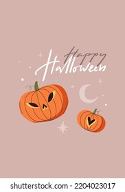 Card with lettering Happy Halloween. Two decorated pumpkins, Contemporary art. Flat vector illustration