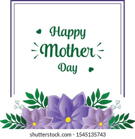 Card lettering of happy mother day with decorative of purple wreath frames blooms. Vector