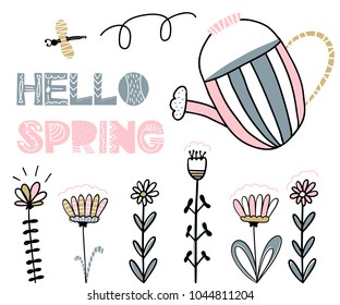 Card with lettering hello spring. Handwritten vector illustration