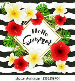 Tarjeta con letras Adiós Verano, hibisco rojo, frangipano blanco y hojas de palma sobre fondo blanco con líneas negras, ilustración.