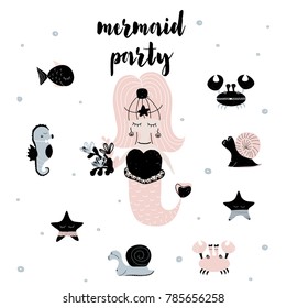 Card with lettering Marine party. Vector illustration
