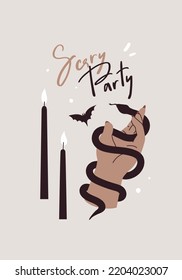 Card with lettering scary party. Female hand with snake silhouette and candles. Flat vector illustration, contemporary art