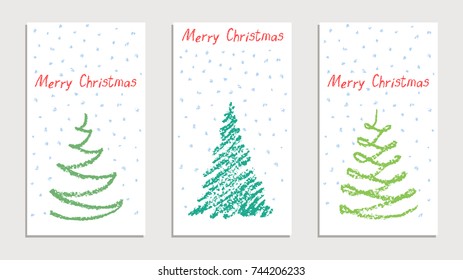 Card and like kid`s hand drawn merry christmas tree set and falling snowflake   soft pastel color  Vector pastel chalk pencil holiday copy space  Vector banner background 