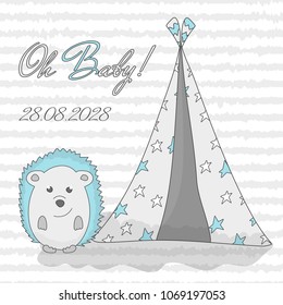 Card with lines and wigwam and hedgehog for baby shower
