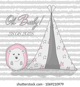 Card with lines and wigwam and hedgehog for baby shower