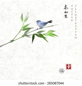 Card with little blue bird on green bamboo branch. Hand drawn in traditional Japanese style sumie.. Contains hieroglyphs "luck", "happiness" (stamps),"spring", "dreams come true", Vector illustration.