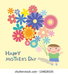 Card with the little boy and a bunch of flowers.
