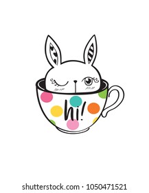 Card with little cute rabbit in a cup. Vector illustration.