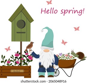 Card with little gnome, bird and birdhouse, flowers and garden cart. Spring illustration. Vector illustration isolated on white background. For packaging, prints, baby products, shops, cards and