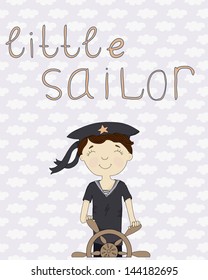 Card with little sailor at the wheel on the background with clouds eps 10