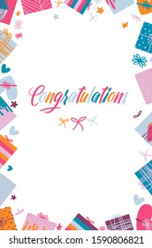 Card with lots of cute colorful tiny gift or presents boxes. Congratulation, Happy Birthday, greeting cards design. Isolated on white background.  Flat. Vector hand drawn illustration.