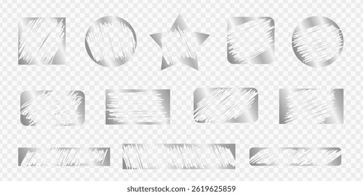 Card lottery scratch silver badges on transparent background - chalk shading smudged blotchy doodle elements. Gritty grainy overlay geometric smear templates. Rugged ragged glossy ink splatter.