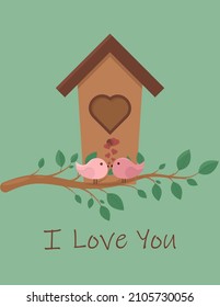 Card with love birds. Vector illustration with birdhouse in flat style