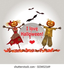 Card I love Halloween with the image of two bogeys on the background of the moon