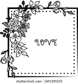 Card love romantic, with pattern of flower frame elegant, in black and white colors. Vector