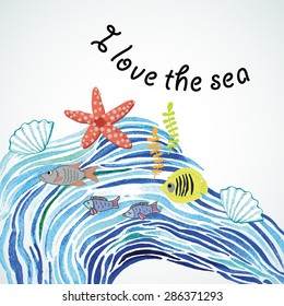 Card I love sea with cute characters. Watercolor background. Illustration for greeting cards, invitations, and other printing projects.