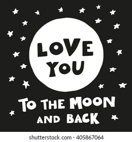 Card Love You to the Moon and Back Vector Illustration Black and White