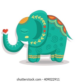 Card with lovely cute Elephant with pattern. Vector illustration in cartoon style. Print on T-shirt