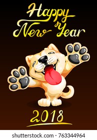 Card the lovely puppy yellow Akita Inu standing on hinder legs and letters Happy New Year 2018. Colorfull dog, vector cartoon illustration on black background.