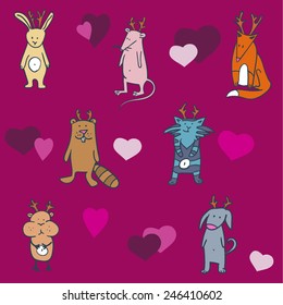 Card with love.Vector animals with heart. Pattern with rabbit, fox, mouse, raccoon, beaver, dog, hamster. Cute pets seamless background.