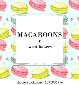 Card with macaroons on mint background with text. Colorful macaroons with hearts. Vector illustration. The concept of promotional material.