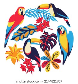 Card with macaw parrot, toucan and tropical plants. Exotic decorative birds, flowers anf leaves.