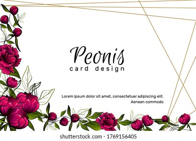 card made with beautiful purple peony flowers and golden lines and mockup for design on white background