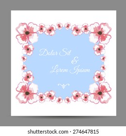 Card made from red watercolor flowers. Vector illustration. 10 EPS