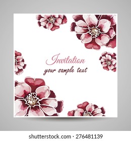 Card made from watercolor pink flowers. Vector illustration