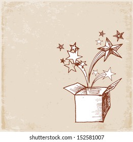 Card with magic gift box hand drawn in vintage style. Vector illustration.