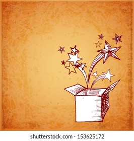 Card with magic gift box hand drawn in vintage style. Vector illustration.