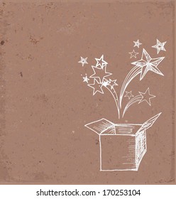 Card With Magic Gift Box Hand Drawn On Brown Paper. Vector Illustration.