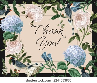 Card with magpies and blue flowers. Vector.