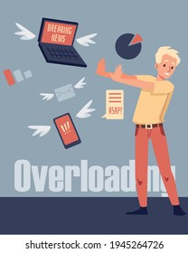 Card with man suffering of information overloading, flat vector illustration.