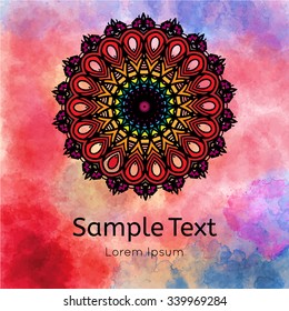 Card with mandala pattern on a watercolor background. Vector vintage hand-drawn highly detailed round mandala elements. Luxury lace festive ornament card. Islam, Arabic, Indian, Turkish  motifs.