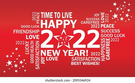  a card with many words with english text and star happy new year 2022 and other best wishes like luck love peace success healthy 
