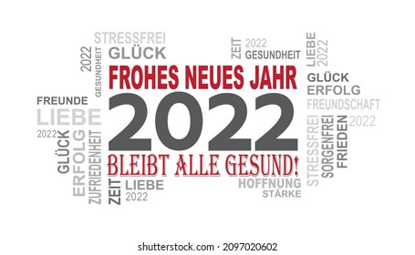 una tarjeta con muchas palabras con texto alemán y estrella que significa feliz año nuevo 2022 y otros mejores deseos como suerte amor la paz éxito sano 