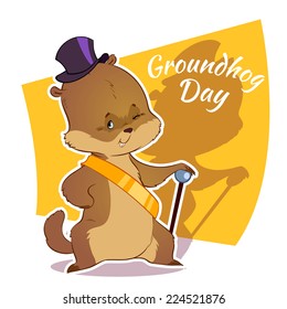 Card with marmot in hat and his shadow. Vector template card for Groundhog day.