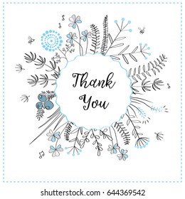 Card with medow herbs and text Thank You. Vector illustration. Illustration for greeting cards, invitations, and other printing projects.