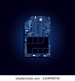 Card memory filled with electronic circuit. Blue and light background.