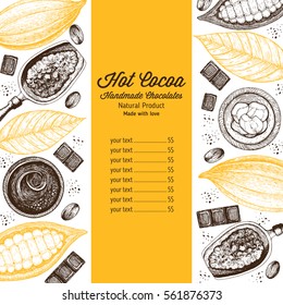Card menu design template with cocoa beans. Vintage vector illustration