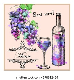 Card menu with frame and sketch of grapes, wine, glass, bottle on background with watercolor spray paint for design